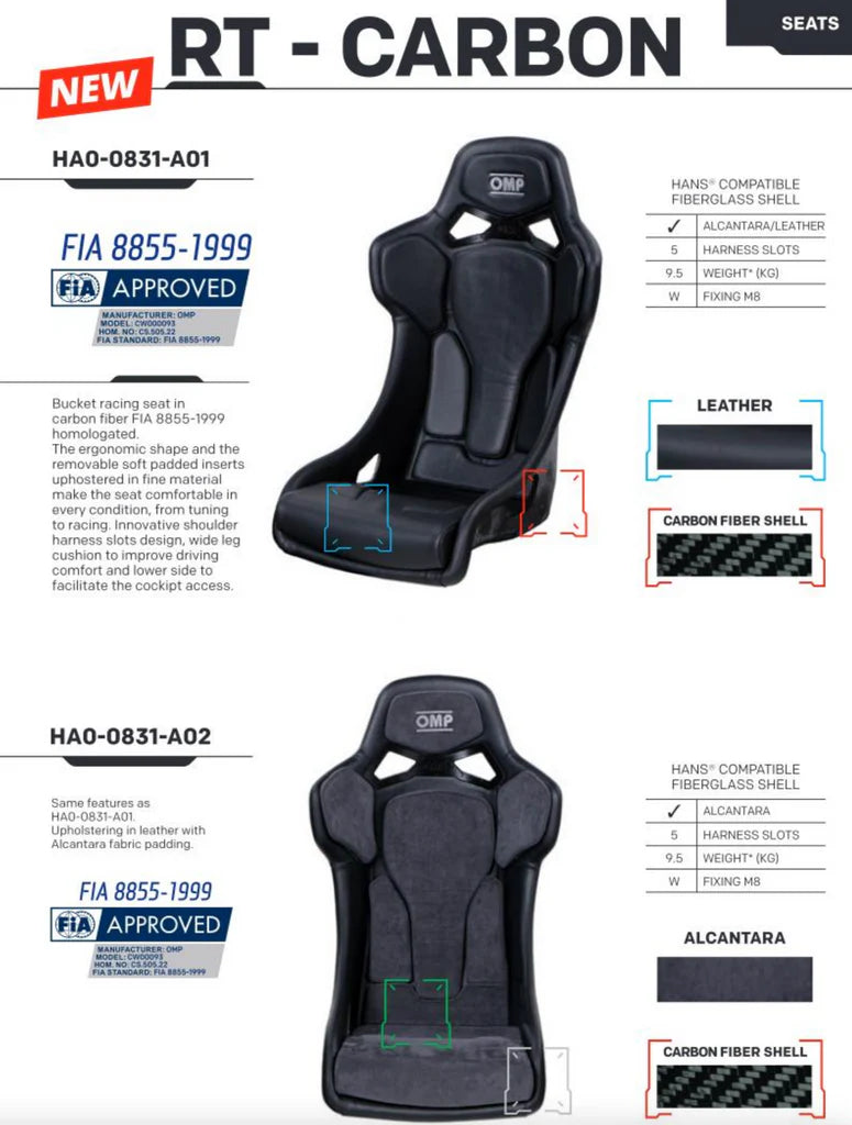 OMP RT Carbon Fiber Seat FIA 8855-1999 in Black Leather (OMP) Part No. HA0-0831-A01
