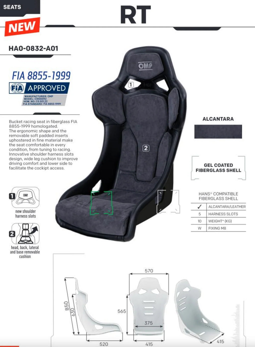 OMP RT Carbon Fiber Seat FIA 8855-1999 leather upholstering w/ suede fabric padding (OMP)part no: HA0-0831-A02
