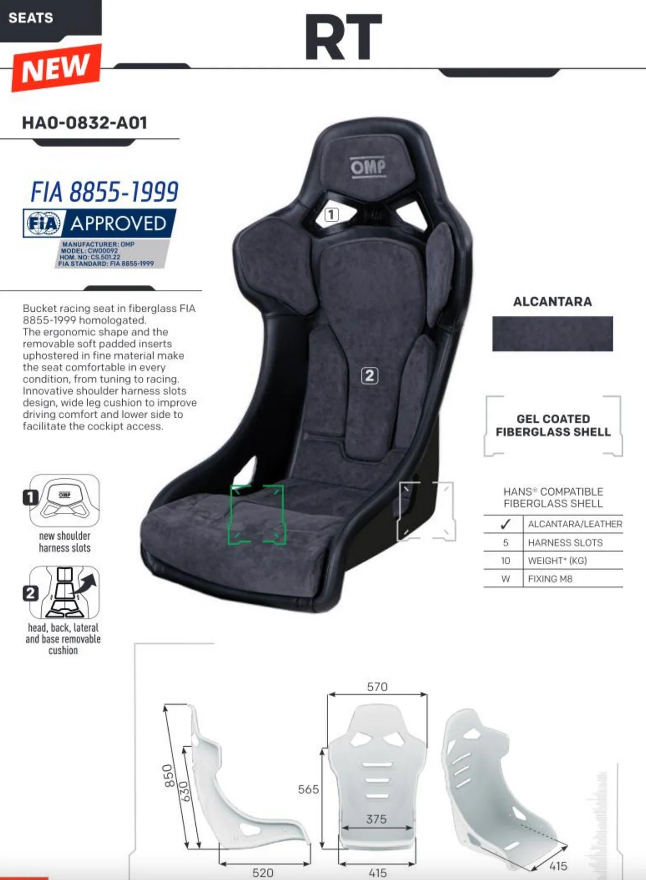 OMP RT Carbon Fiber Seat FIA 8855-1999 leather upholstering w/ suede fabric padding (OMP)part no: HA0-0831-A02